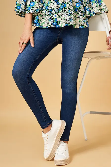 Navy Solid Full Length Mid Rise Casual Women Skinny Fit Jeans